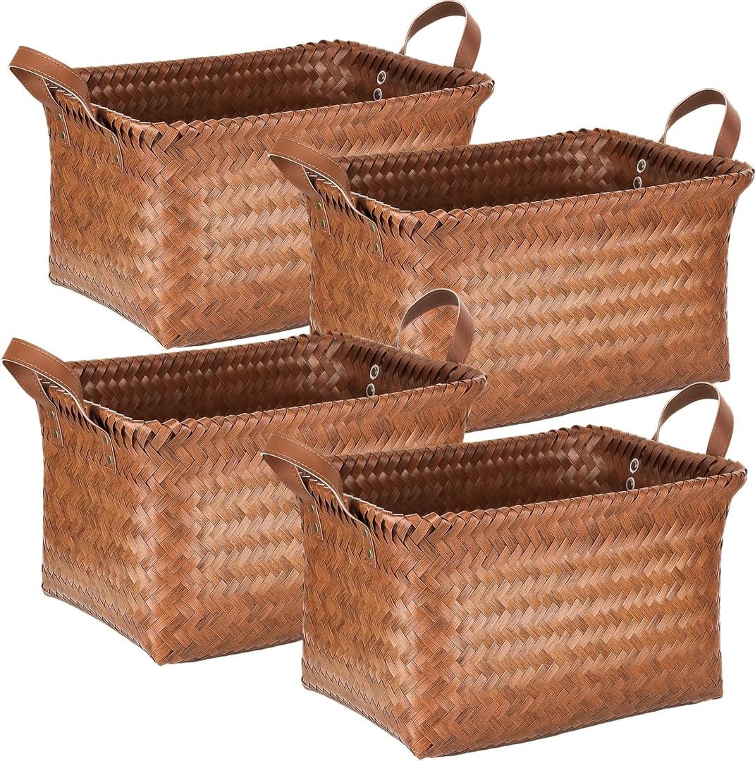 Storage Baskets 4-Pack - Woven Laundry Basket Organizer, 15x11x10.5 Inch Open Hamper Bins for Clothes Blanket Storage, Shelf Closet Organization, 25L Handwoven Rattan Baskets for Home Decor