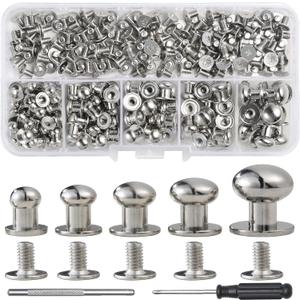 YORANYO 120 Sets Round Head Button Stud Assorted Sizes Button Screw Stud for Leather Chicago Screws Spikes and Studs Silver Leather Rivets for Repair Decorate Clothing Shoes Belts Bags Dog Collars