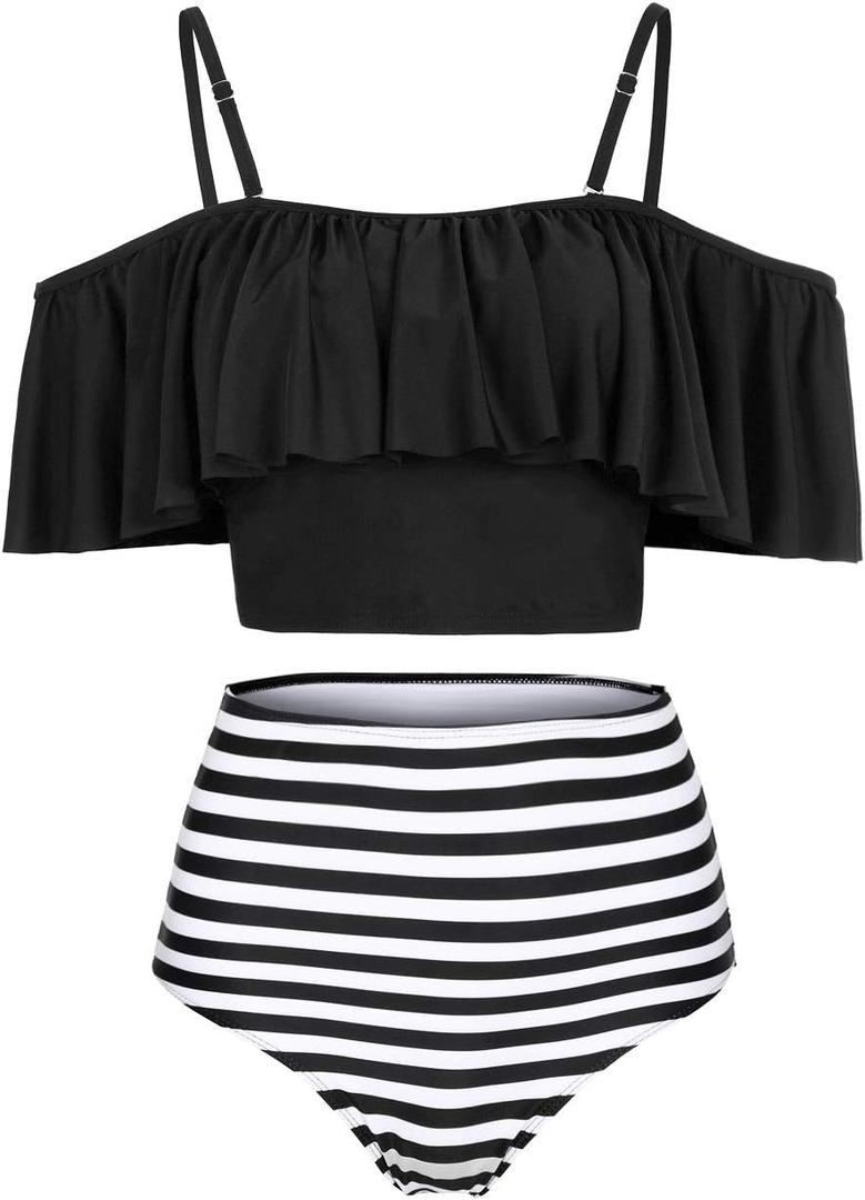 Kaei&Shi High Waisted Flounce Bikini Set,Tummy Control Swimsuits for Women,Off Shoulder (Medium, Black Stripe)