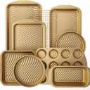 HONGBAKE 9-Piece Non Stick Baking Pans Set with Wave Texture for Reduced Oil, 0.8mm Thick Non Toxic Bakeware Sets, Includes Stackable Cookie Sheets for Oven Cooking, Cake Pan, Muffin Pan, Gold