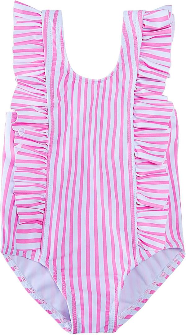 RAISEVERN Baby Girls Swimsuit Ruffles Bathing Suits Cute Beach Sport Swimming Backless Summer One Piece Swimwear 2-7 Years (02 Striped Pink)