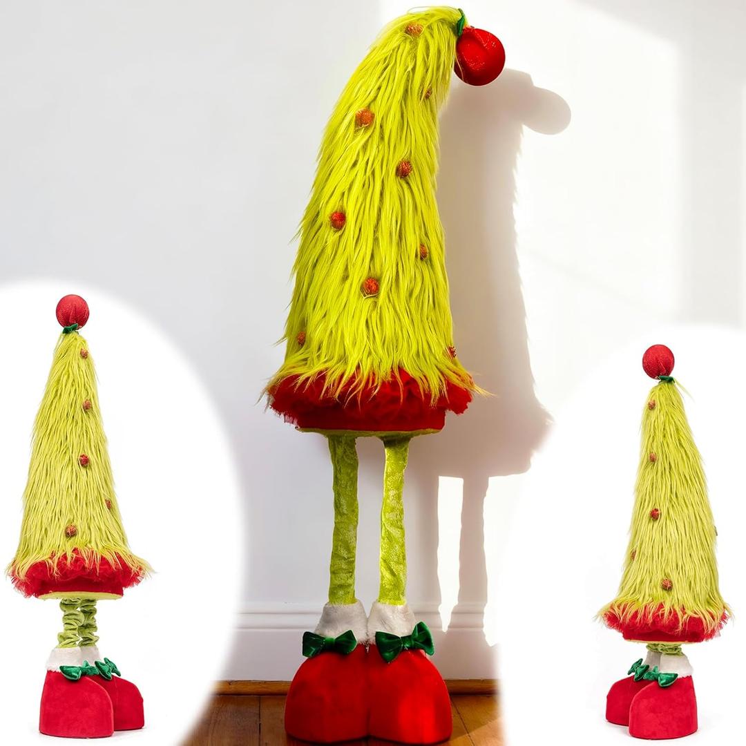 Standing Christmas Tree Gnome Plush Decoration - Large Xmas Green Red Gnome w/Retractable Spring Legs(25-35) Handmade Elf Doll, Gift for Indoor Outdoor Home Porch Yard Garden Decor