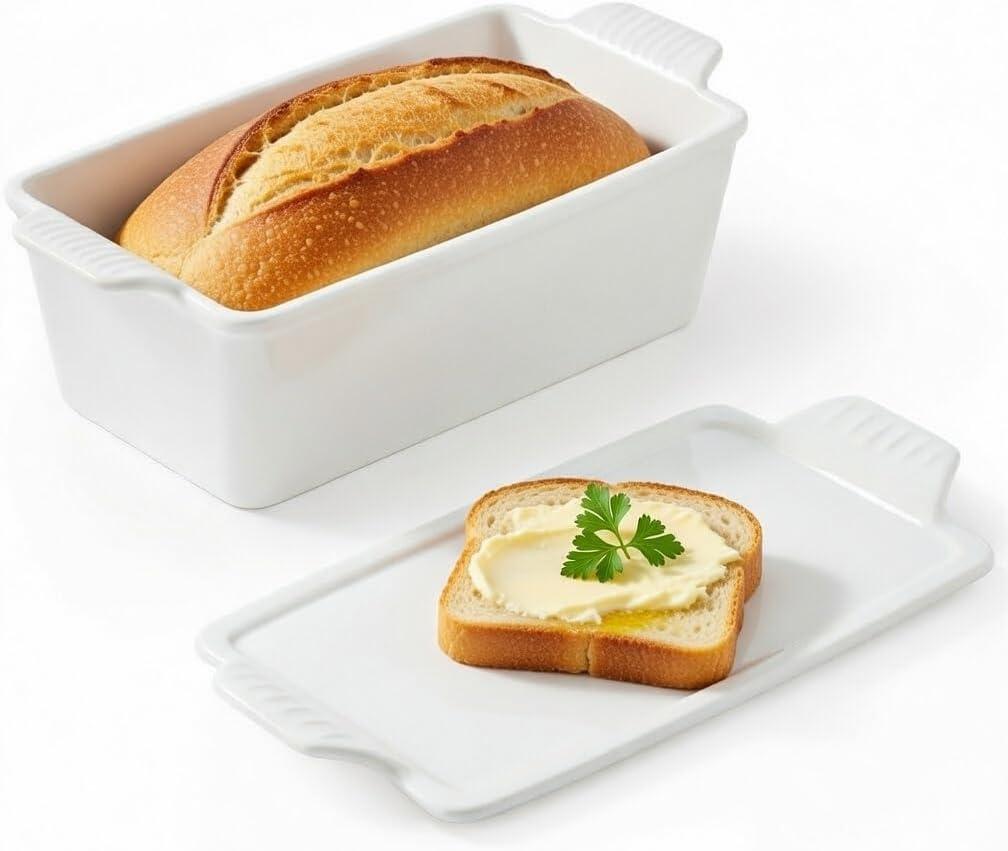 Ceramic Loaf Pan with Lid - 1.58 Qt Deep Bread Pan (10.94" x 5.23"), 2-in-1 Baking Dish for Homemade Bread Banana Bread Meatloaf, Oven Safe to 500F, Dishwasher Freezer Safe, White