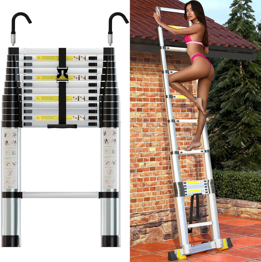 Folding Telescoping Ladder 12.5 FT, Aluminum Extendable Ladder with 2 Detachable Hooks, Retractable Telescopic Extension Ladder for Indoor Or Outdoor, Lightweight Collapsible (Silver Color)