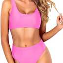 Tempt Me Women Two Piece Scoop Neck Bikini Crop Top Swimsuit Sporty High Waisted Bathing Suit Small