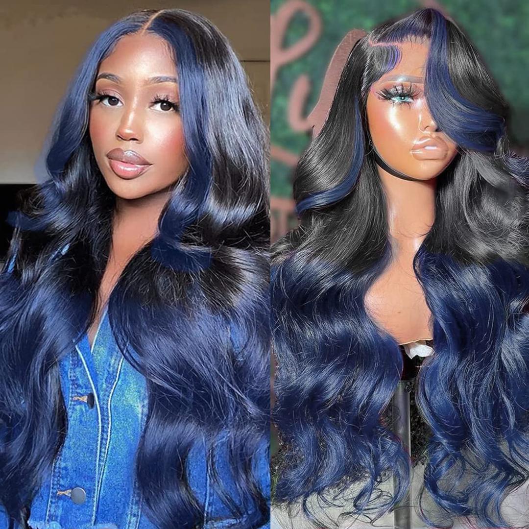 Colorful Bird Ombre Blue Lace Front Wigs Human Hair Body Wave 13x4 Skunk Stripe Royal Blue Lace Front Wigs 150% 1B/blue Ombre Highlight Wig Pre Plucked with Baby Hair 18 Inch