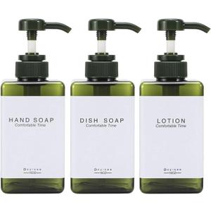 Plastic Refillable Hand Soap Dispenser Modern Square Pump Bottle for Bathroom Vanities or Kitchen Sink, Countertops - 3 Packs with Waterproof Label(Green)