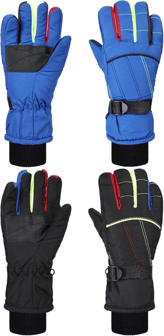 SATINIOR 2 Pairs Kids Waterproof Winter Snow Gloves Ski Gloves for Boy Girl Outdoor Warm Thickening Snowboar (6-10 Years, Black, Blue)