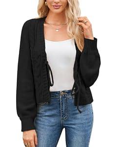 Honwenle Women's Cardigan Sweaters Sprint Oversized Open Front Tie Long Sleeve Short Cardigans Knit Outerwear Fall Outfits Black, L