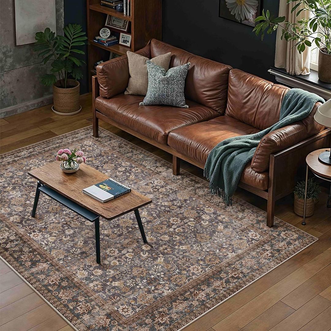 HUGEAR 4x6 Machine Washable Rugs Tradition Brown Hallway Area Rug Indoor Accent Rug Floral Low Pile Carpet Soft Throw Rug Bedroom Living Room Office Dining Room Kitchen Laundry Room Non Slip