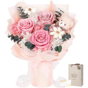 Preserved Flowers Bouquet with Bear, 3 Real Forever Flowers for Delivery, Long-Lasting Pink Eteranl Roses Bouquet, Mothers Day Gifts for Mom Grandma, Anniversary Birthday Gifts for Women Girlfriend