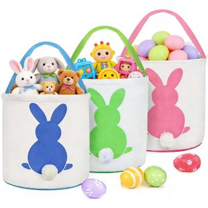 3 PCS Easter Eggs Hunt Basket for Kids Canvas Bunny Basket Egg Bags Rabbit Fluffy Tails Party Celebrate Decoration Gift Toys Carry Bucket Tote
