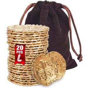Large Metal Pirate Coins Gold Treasure Coin Set, Metal Replica Spanish Doubloons for Board Games, Tokens, Toys, Cosplay  Realistic Money Imitation for Treasure Chest -Large Size 1.18" (Gold 20 PCS)