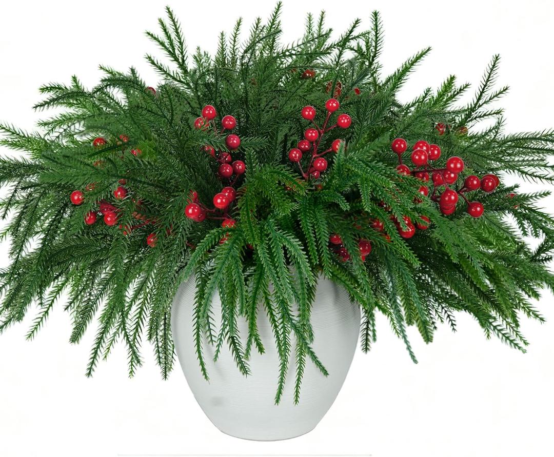 10 Pcs Christmas Norfolk Pine Stems with Red Berries,Real Touch Faux Cedar Norfolk Pine Branches,Fake Greenery Plants for Vase Table Centerpieces,DIY Crafts Picks Garland Wreath Home Christmas Decor