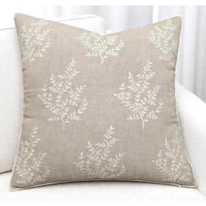 VAGMINE Embroidered Leaves Throw Pillow Cover - 18x18 Inches Square - 100% Linen Natural Decorative Cushion Cover - Artistic Floral Embroidery - Cozy Farmhouse & Boho Accent for Sofa, Couch, Bedroom VAGMINE Embroidered Leaves Throw Pillow Cover - 18x18 Inches Square - 100% Linen Natural Decorative Cushion Cover - Artistic Floral Embroidery - Cozy Farmhouse & Boho Accent for Sofa, Couch, Bedroom