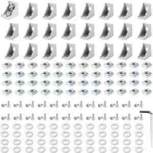 24 Set Silver 3030 Series Aluminum Extrusion Profile Connector, Includes 1pc Wrench, 24pcs 2835 Corner Bracket, 48pcs M6 T-Slot Sliding Nuts and Hex Screw Bolt for 20S Aluminum Rail Accessories