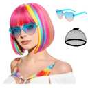Colored Bob Wig Straight Hair with Heart Sunglasses Hair Cap, Short Rainbow Wig with Flat Bangs for Women Daily Bachelorette Halloween Costume Party Decorations, Realistic (Pink, Lake blue, Yellow)