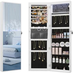 8 LEDs Mirror Jewelry Cabinet, 47.2-inch Jewelry Armoire Organizer, Wall/Door Mount Lockable Storage Cabinet with 6 Earrings Shelves, 2 Makeup Pockets, White and Black JC12003B