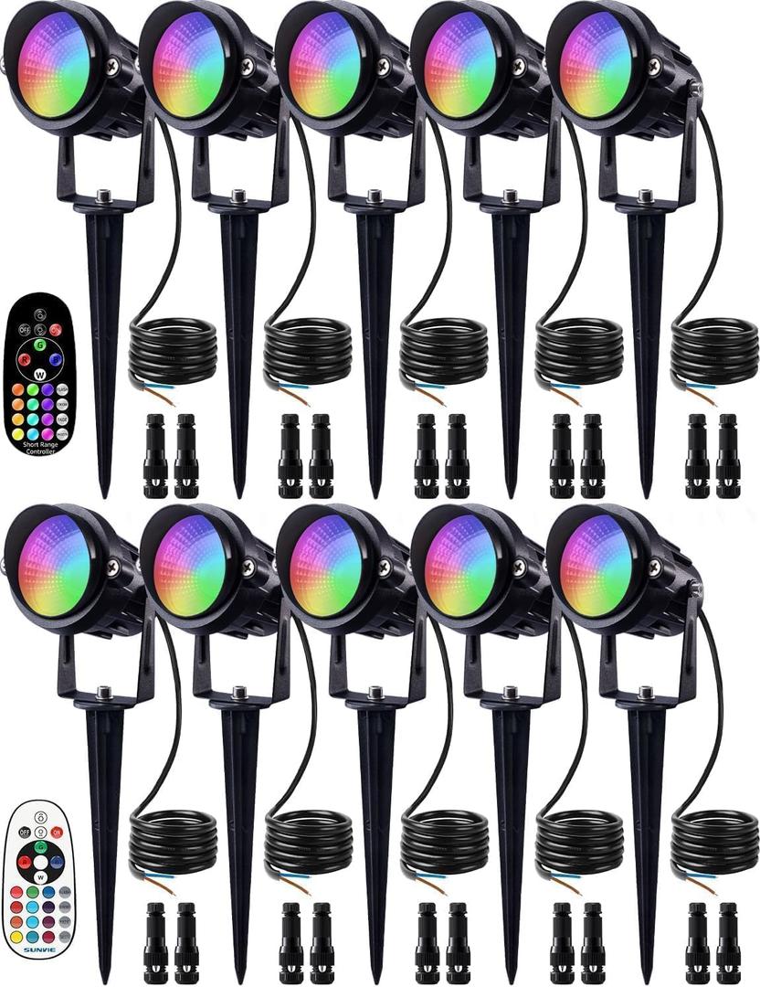 SUNVIE 12W Christmas Low Voltage Landscape Lighting RGB Color Changing LED Landscape Lights Remote Control Waterproof Garden Patio Spotlight Decoration for Outdoor Indoor(10 Pack with Connector)