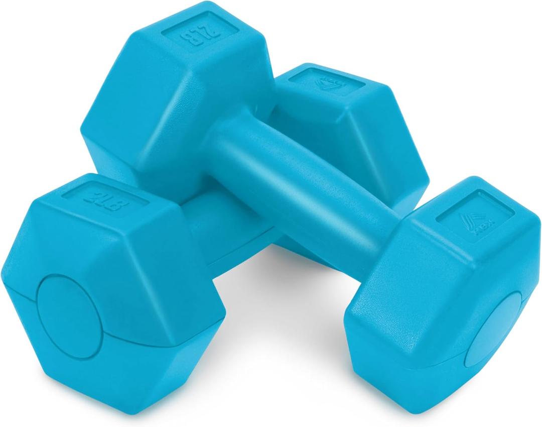 RBX Vinyl Coated Hand Weight Dumbbell Set - Hex Shaped, Roll Free for Body Building/Sculpting/Strength Training Exercise, 10 Lb Each, Set of 2, (Aqua)