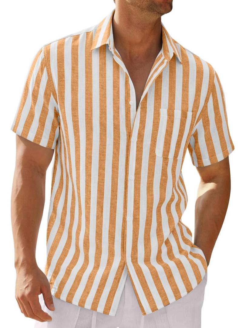 Runcati Mens Short Sleeve Linen Shirts Striped Casual Button Down Shirt Summer Beach Vacation Tops, M