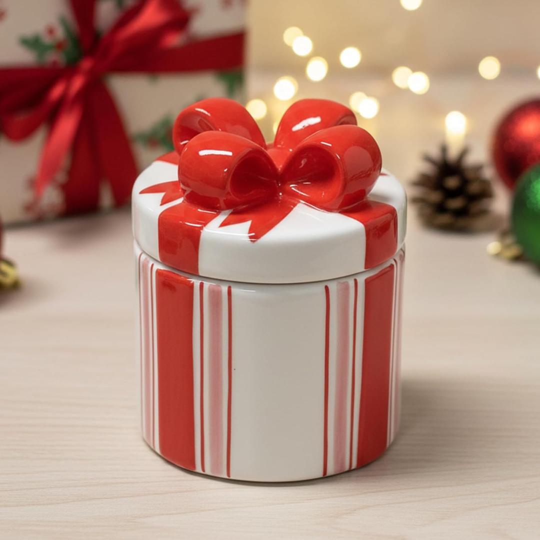 Christmas Scented Candle with Lid, Natural Candles for Home Scented, Premium Natural Bow Shaped Candles with Cotton Wick for Xmas Holiday Party Supplies (5 OZ)