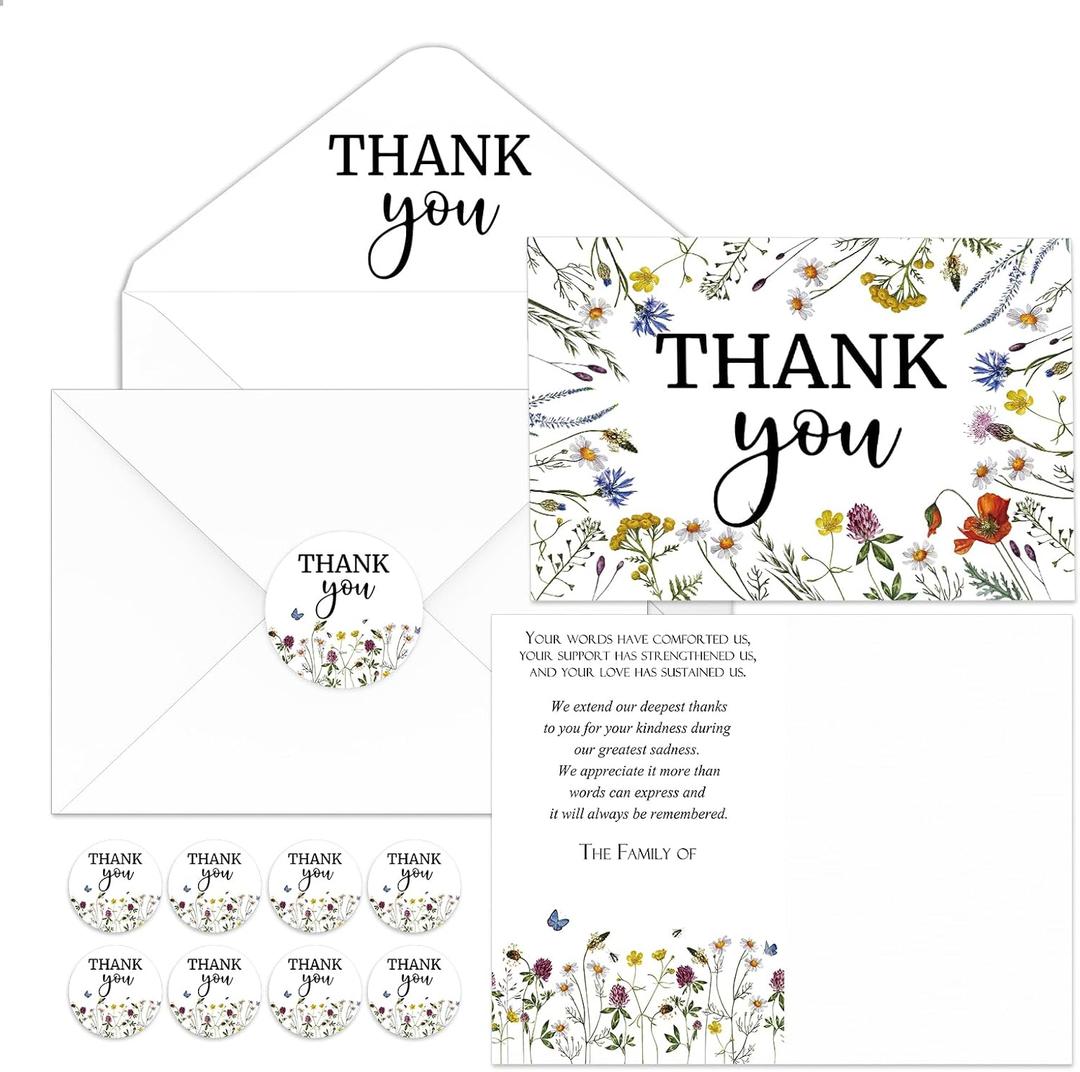 Fumete 50 Set Funeral Thank You Cards with Envelopes and Stickers Thank You Sympathy Cards with Meaningful Message Bereavement for Funeral Family Loved Ones Celebration of Life(Wildflowers)