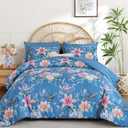 Drucon Queen Comforter Set - 7 Pieces Floral Sky Blue Soft Bedding Sets, Queen Bed in a Bag with Botanical Flowers Comforter, Sheets, Pillowcases & Shams