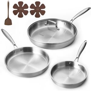 CAROTE 7-Piece Tri-Ply Stainless Steel Frying Pan Set, Skillet Set 8"/10"/12", Induction Compatible, Oven & Dishwasher Safe, Silver Handle