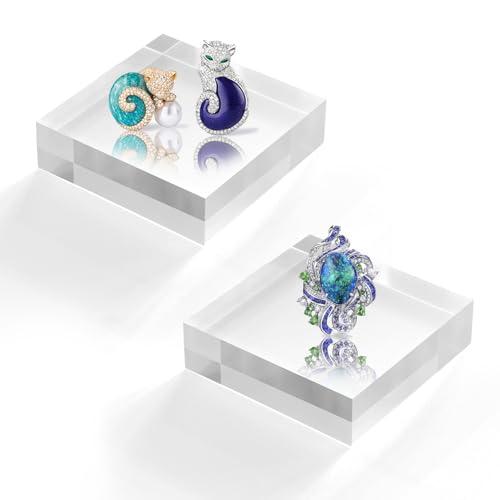 SAMYUCHO Acrylic Base Stand 2 Pieces Acrylic Blocks for Display 4 X 4 X 1 Inch Clear Polished Block Square Cube Riser Display Pedestal Stands for Jewelry Perfume Ring Collection Props Cake