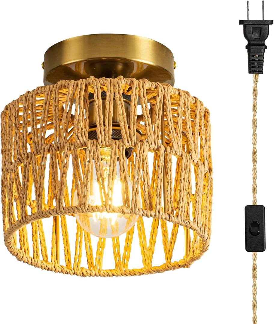 Ceiling Light Boho Light Fixtures Ceiling Mount,Mini Rattan Chandelier Light Fixture with Dimmable LED Bulb,Hand Woven Ceiling Light Fixtures