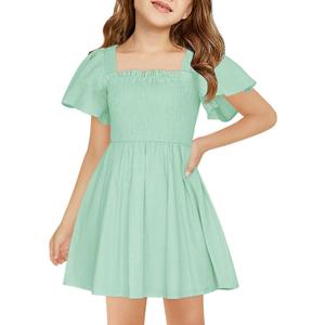 Haloumoning Girls Ruffle Short Sleeve Smocked Summer Dress Kids Square Neck A Line Flowy Mini Dresses 5-14 Years (Light Green)
