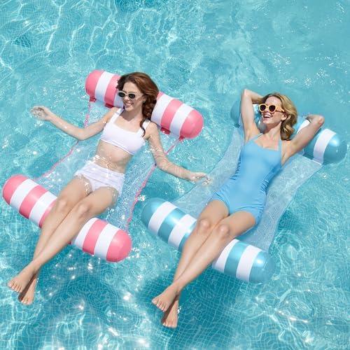 SLOOSH 2 Packs Hammock Pool Floats Adults, 4-in-1 Multi-Purpose Inflatable Pool Floats PVC Water Hammock Lounge Floaties