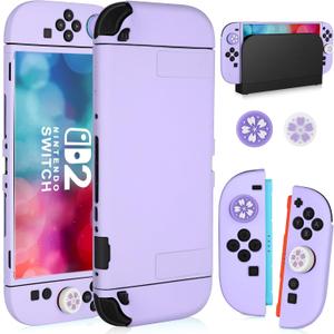 Switch 2 Case for Nintendo Switch 2 2025, Dockable Case TPU Soft Shell Protective Cover for Switch 2 Grips & Console and Accessories with 2 Pcs Thumb Caps, Purple