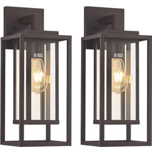 18" Outdoor Wall Light Fixtures Waterproofed Exterior Lantern W/Sturdy Rectangular Double Cage In Old Rust &Clear Tempered Glass,Sconce Mounted For House Patio,Front door,Porch,Garage Lighting 2Pack