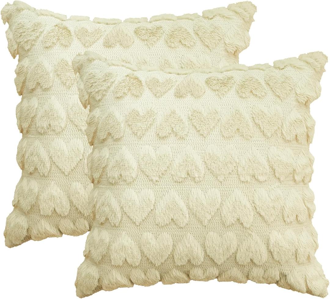 AVOIN colorlife Valentine's Day Love Heart Throw Pillow Cover Set of 2, 18 x 18 Inch Beige Soft Plush Faux Fur Jacquard Modern Farmhouse Home Living Room Decor Cushion Case Decoration for Sofa Couch