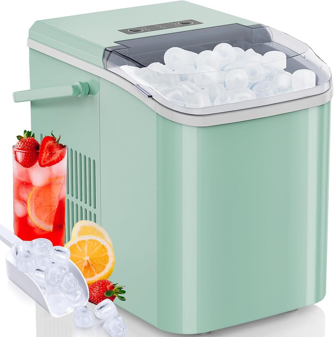 Self-Cleaning Countertop Ice Maker, Portable Ice Machine with Handle, Ice Scoop and Basket, 9 Cubes in 6 Mins, 26.5lbs/24Hrs, 2 Sizes of Bullet Ice for Kitchen Office Party, Green