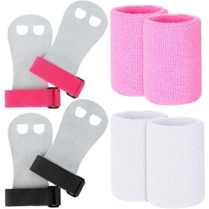 2 Gymnastics Grips Wristbands Sets for Kids Youth, Palm Protection and Wrist Support Sports Accessories for Workout Exercise (Pink, Black, White)