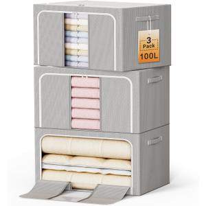 Clothes Storage Bins with Metal Frame Foldable Storage Box Clothes Organizers Storage Containers for Clothes Sheets Blankets Books Toys Gifts and Holiday Decorations (100Lx3 Pack)