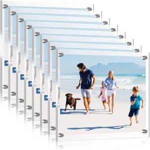 Yalikop 8 Pack Acrylic Floating Picture Frame 8.5 x 11 Inches Wall Mount Frameless Photo Frames Double Panel Clear for Home Office Photo Display, Full Size 9.6 x 13.2 Inch(Silver)