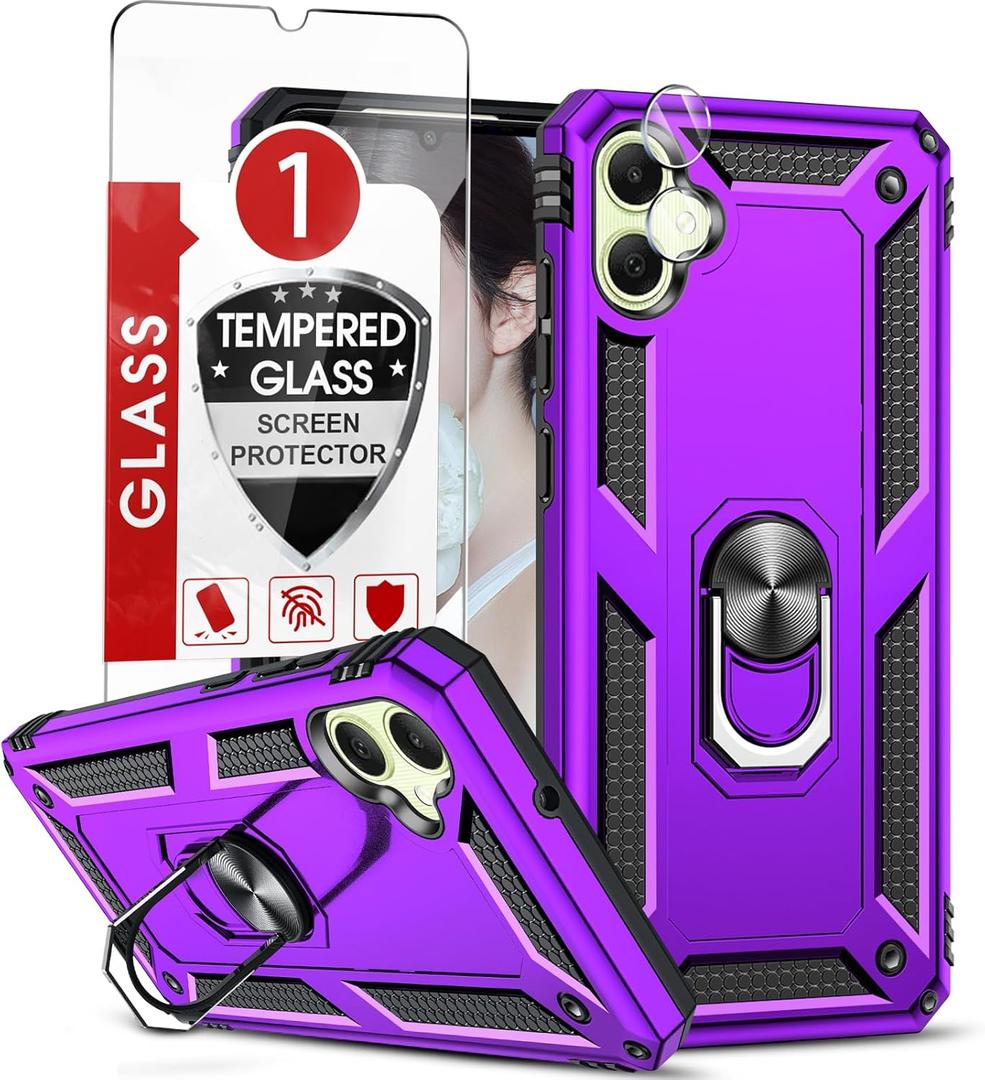 LeYi for A05-Samaung-Phone-Case with Screen Protector and Camera Lens Protector, Samsung A05 Case for Women, Military-Grade Shockproof Magnetic Ring Kickstand Case for Galaxy A05, Purple (6.7 inch (Galaxy A05))