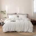 Stripe Duvet Cover Queen Size 90inch x 90inch, 100% Washed Cotton Linen Feel Pinstripe Duvet Cover with Zipper Closure and 2 Pillowcases, Color of White-Dark Grey Stripe