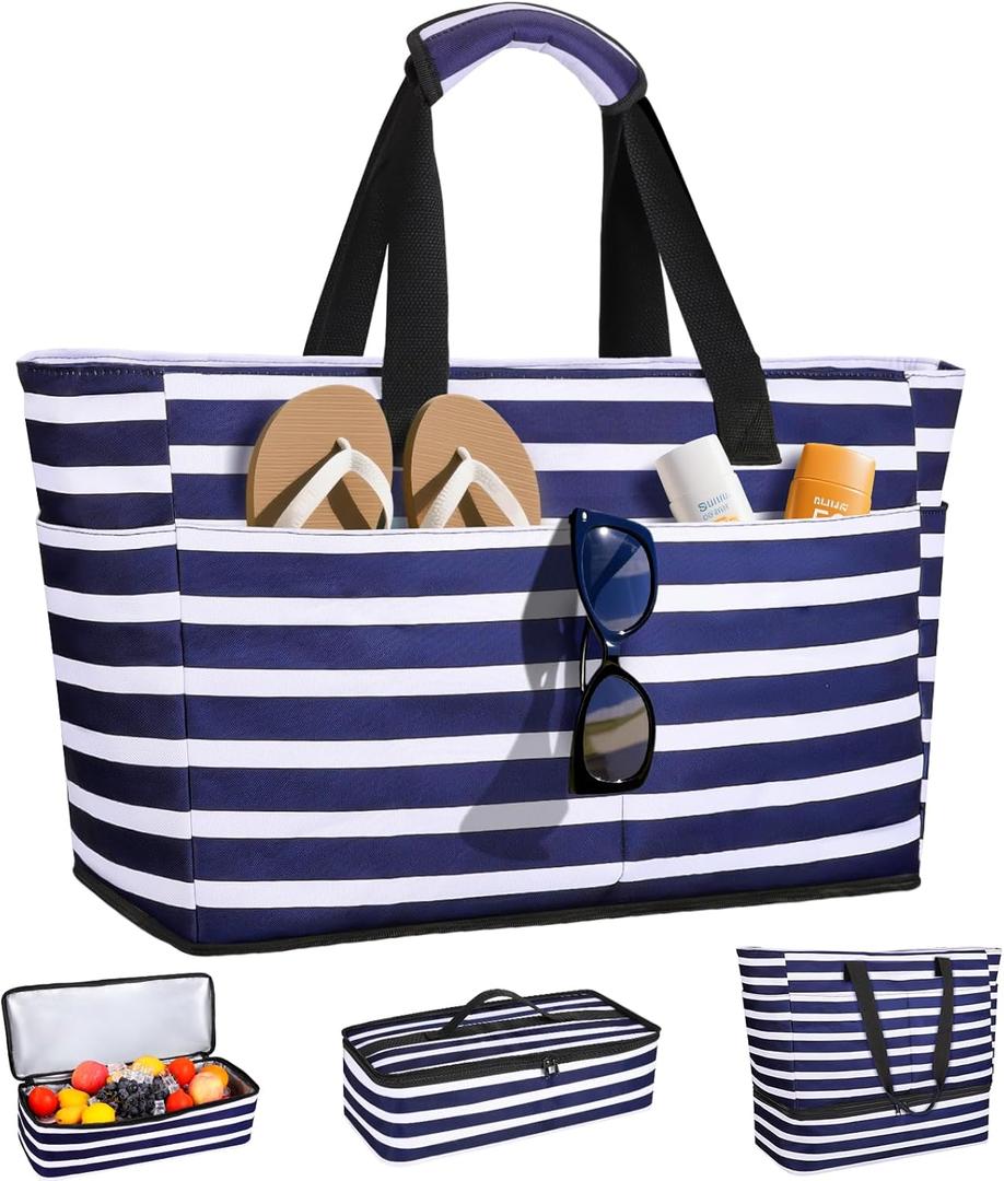 ISEYOU Beach Bag with Cooler, 49L Large Waterproof Sandproof Tote with Zipper, Foldable Travel Bag for Beach, Pool, Picnic, XX-Large