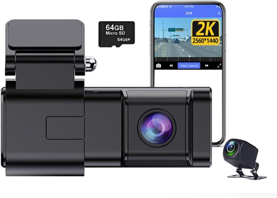 2K WiFi Dash Cam with 64G TF Card Night Vision and 1080P Rear Camera WDR Wide Angle 24H Parking Monitor Collision Sensor Car Road Camera Recorder