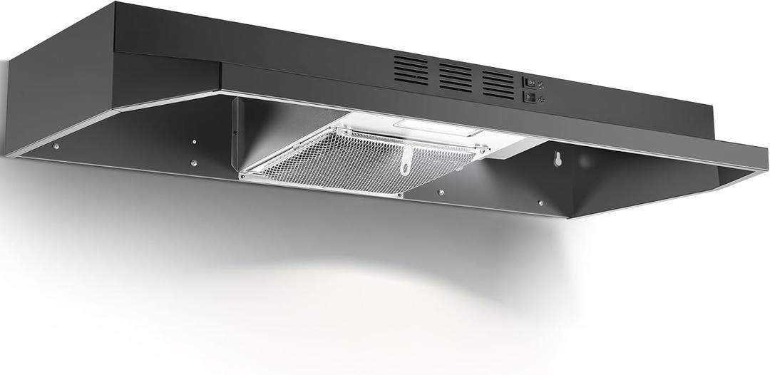 Under Cabinet Range Hood 36 inch, Ducted/Ductless Vent Hood with 2 Speeds Fan, Black Range Hood with Rocker Button Control, Kitchen Hood 280CFM, Bright LED Light