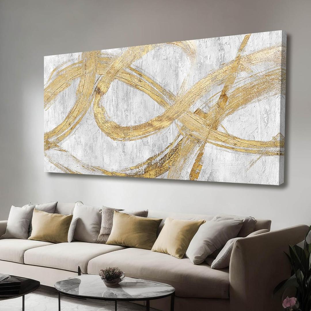 VAYIMDH Decorative Wall Art Line Painting Prints on Canvas White Living Room Wall Decor 24"x 48" Abstract Artwork Gold Picture Wall Decor for Bedroom