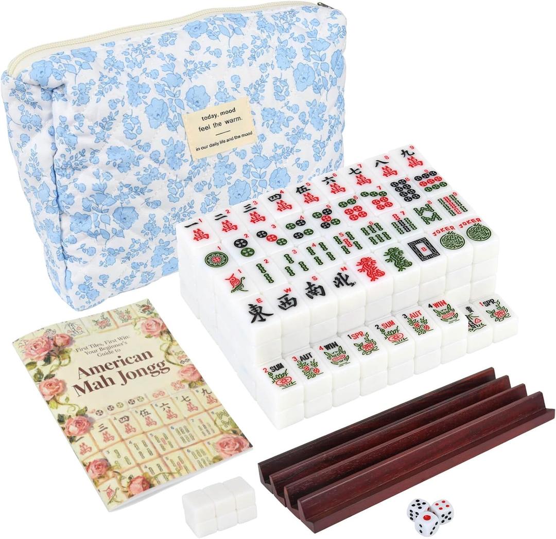 Travel American Mahjong Tile Set | 166 PCS 0.8 Inch Mini Mahjong Game Tiles, 4 Wooden Racks, Floral Storage Bag, 3 Dice & Beginner's Guide, Complete Portable Set