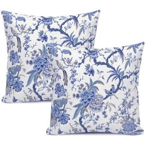 Chinoiserie Throw Pillow Covers Blue and White Home Decor 20x20 Inch, Floral Pillowcase Cushion Cover for Bed Sofa Couch, 2 Sets