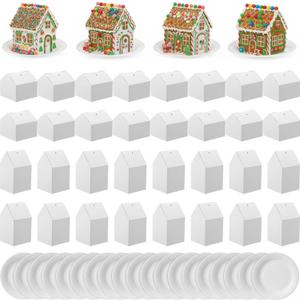 Eaasty 100 Pcs Christmas Gingerbread House DIY Kit Craft Cardboard Gingerbread House Shaped Boxes with Plates Candy Xmas Houses for Holiday Crafts Gift Packaging Party Decorations(White)
