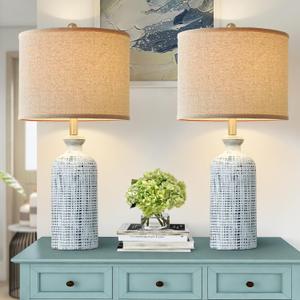Living Room Lamps Set of 2, 25.8" Ceramic Table Lamps for Bedrooms with Linen Shade, Modern Farmhouse Lamps for Nightstand with Rotary Switch